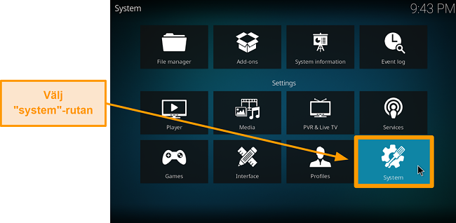 sk&auml;rmdump hur man installerar tredjeparts kodi addon steg 3 klick system