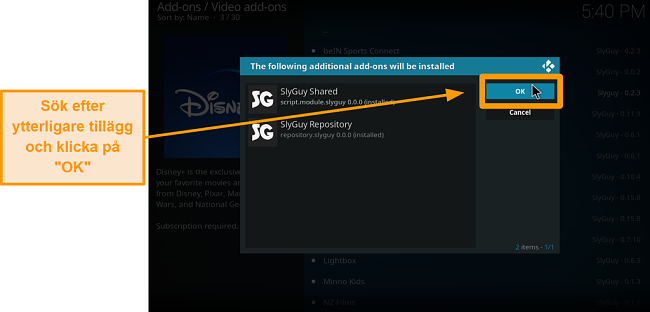 sk&auml;rmdump hur man installerar tredjeparts kodi addon steg 18 sheck extra addons och klicka sedan p&aring; ok