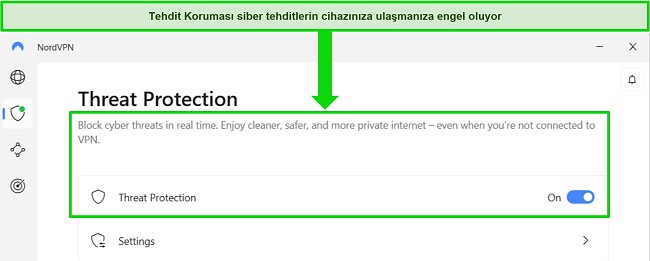 Tehdit Koruması &ouml;zelliğinin her zaman a&ccedil;ık olduğunu g&ouml;steren NordVPN Windows uygulamasının ekran g&ouml;r&uuml;nt&uuml;s&uuml;.