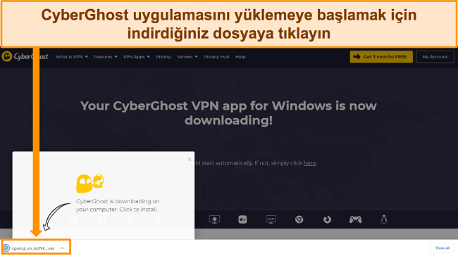Bir Windows cihazına indirilen CyberGhost uygulamasının ekran g&ouml;r&uuml;nt&uuml;s&uuml;.