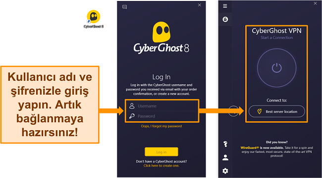 Kullanıcı adı ve parola b&ouml;l&uuml;m&uuml;n&uuml;n vurgulandığı CyberGhost'un Windows uygulamasının ekran g&ouml;r&uuml;nt&uuml;s&uuml;.