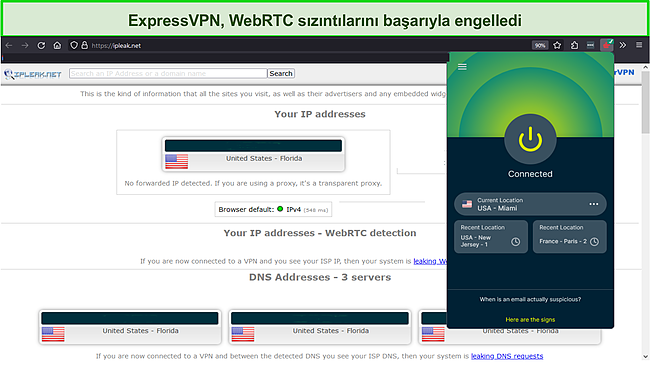 ExpressVPN i&ccedil;in bir WebRTC sızıntı testinin hız testi sonu&ccedil;ları.