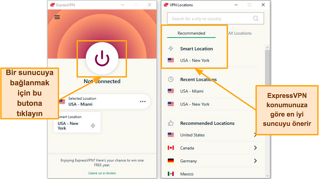 ExpressVPN bağlantı sayfalarının ve sunucu listesinin ekran g&ouml;r&uuml;nt&uuml;s&uuml;