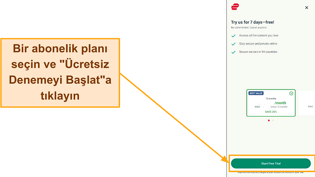 "&Uuml;cretsiz Denemeyi Başlat" d&uuml;ğmesinin vurgulandığı plan se&ccedil;im sayfasının ekran g&ouml;r&uuml;nt&uuml;s&uuml;.