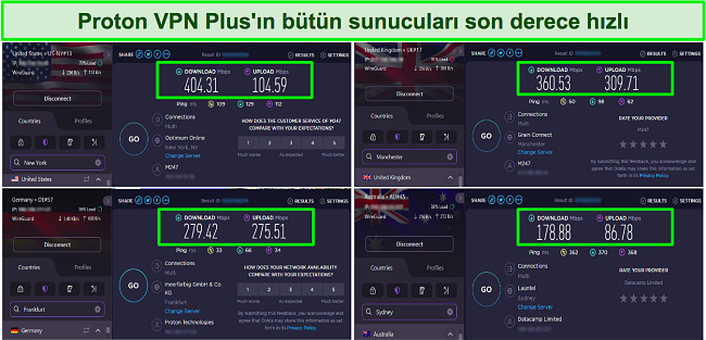 ABD, İngiltere, Almanya ve Avustralya'daki sunucuları g&ouml;steren Proton VPN hız testlerinin ekran g&ouml;r&uuml;nt&uuml;s&uuml;