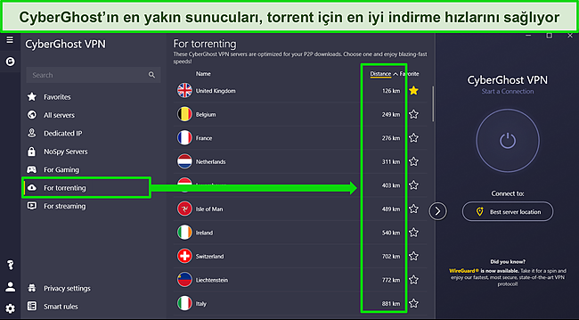 Mesafeye g&ouml;re sıralanmış optimize edilmiş torrent sunucu listesi ile CyberGhost'un Windows uygulamasının ekran g&ouml;r&uuml;nt&uuml;s&uuml;.