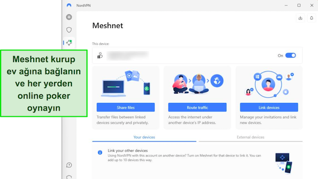 Windows uygulamasında NordVPN'in Meshnet &ouml;zelliğinin g&ouml;r&uuml;nt&uuml;s&uuml;