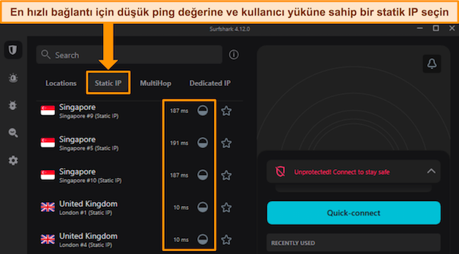 Surfshark'ın Statik IP sunucusu men&uuml;s&uuml;n&uuml; g&ouml;steren, ping ve kullanıcı y&uuml;kleme bilgilerini vurgulayan Windows uygulaması