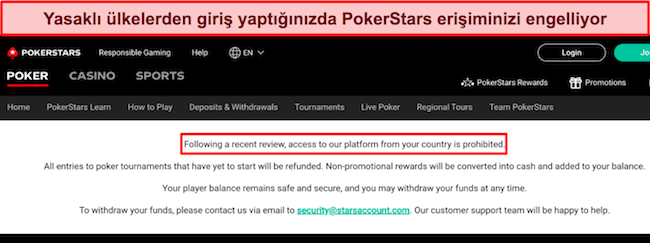 B&ouml;lge dışı bir konum tespit edildiğinden PokerStars'ın siteye erişimi engellediği g&ouml;r&uuml;nt&uuml;s&uuml;