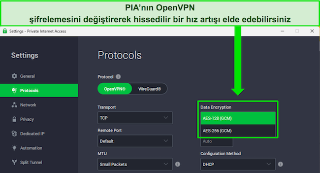 OpenVPN i&ccedil;in &ouml;zelleştirilebilir şifreleme seviyelerini g&ouml;steren PIA'nın Windows uygulaması