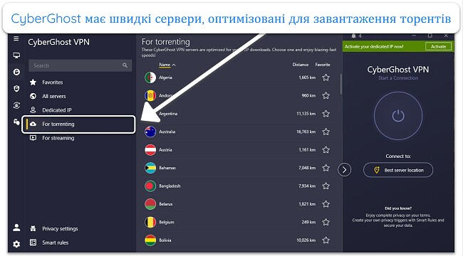 Знімок екрана оптимізованих для торрент-серверів CyberGhost