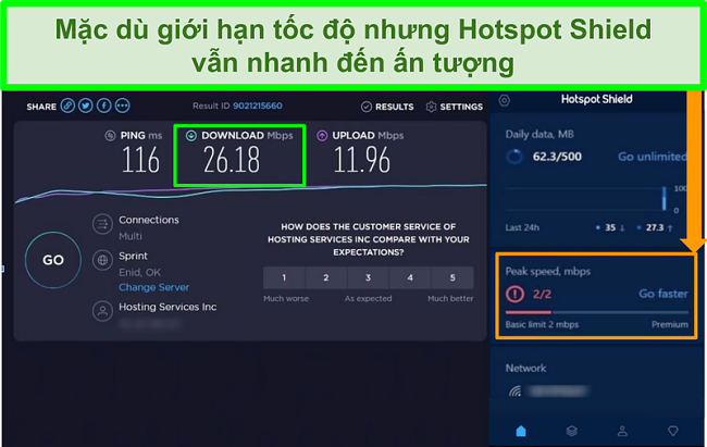 Ảnh chụp m&agrave;n h&igrave;nh kết quả kiểm tra tốc độ khi kết nối với giao diện Hotspot Shield