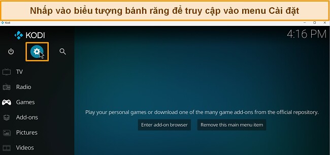 C&aacute;c ứng dụng Kodi tốt nhất đang hoạt động- nhấp v&agrave;o biểu tượng răng cưa