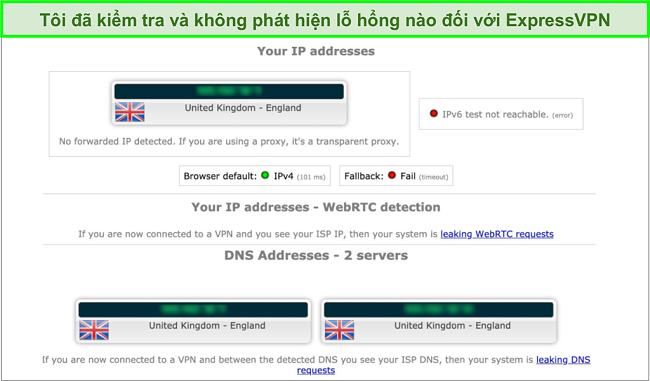 Ảnh chụp m&agrave;n h&igrave;nh kết quả kiểm tra r&ograve; rỉ của ExpressVPN khi được kết nối với m&aacute;y chủ ở Anh
