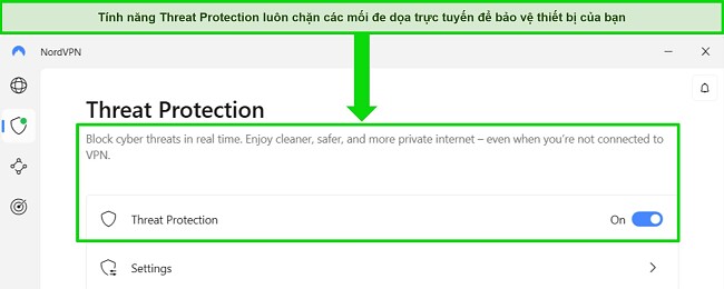 Ảnh chụp m&agrave;n h&igrave;nh ứng dụng Windows của NordVPN hiển thị t&iacute;nh năng Bảo vệ khỏi Mối đe dọa lu&ocirc;n bật.