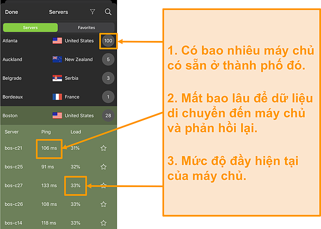 Ảnh chụp m&agrave;n h&igrave;nh danh s&aacute;ch m&aacute;y chủ IPVanish với số m&aacute;y chủ, ping v&agrave; tải m&aacute;y chủ được đ&aacute;nh dấu