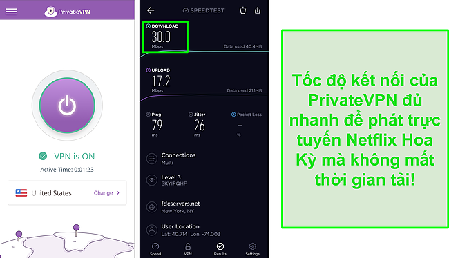 Ảnh chụp m&agrave;n h&igrave;nh của PrivateVPN được kết nối với m&aacute;y chủ Hoa Kỳ v&agrave; kiểm tra tốc độ Ookla
