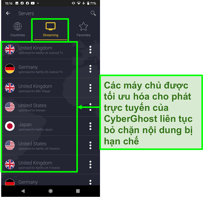 Ảnh chụp m&agrave;n h&igrave;nh c&aacute;c m&aacute;y chủ được tối ưu h&oacute;a ph&aacute;t trực tuyến của CyberGhost