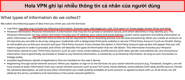 Ảnh chụp m&agrave;n h&igrave;nh ch&iacute;nh s&aacute;ch bảo mật của Hola VPN cho thấy n&oacute; ghi địa chỉ IP
