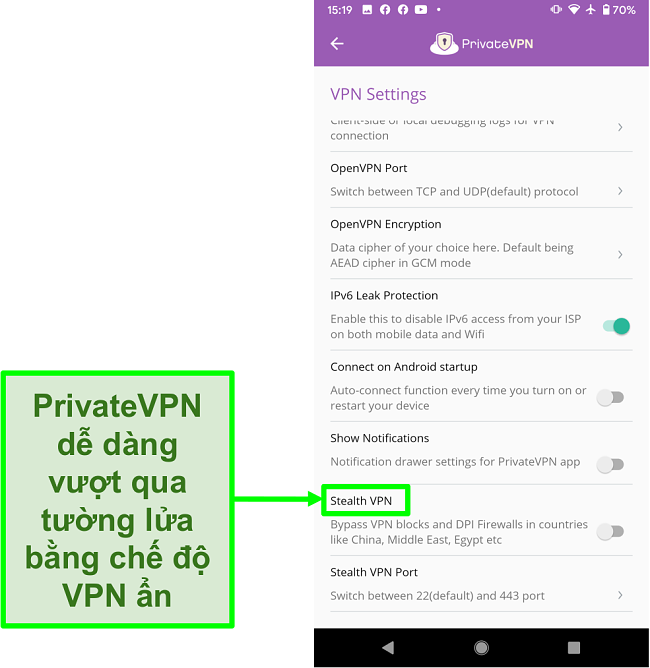Ảnh chụp m&agrave;n h&igrave;nh ứng dụng Android PrivateVPN cho thấy t&iacute;nh năng Stealth VPN gi&uacute;p vượt qua c&aacute;c khối VPN