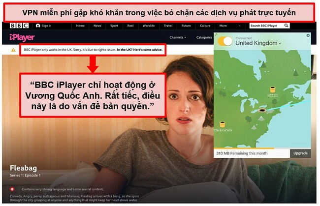 Ảnh chụp m&agrave;n h&igrave;nh của TunnelBear được kết nối với m&aacute;y chủ ở Anh v&agrave; kh&ocirc;ng thể truy cập BBC iPlayer
