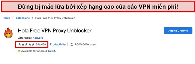 Ảnh chụp m&agrave;n h&igrave;nh của Hola Free VPN Proxy Unblocker tr&ecirc;n cửa h&agrave;ng tiện &iacute;ch mở rộng của Google Chrome