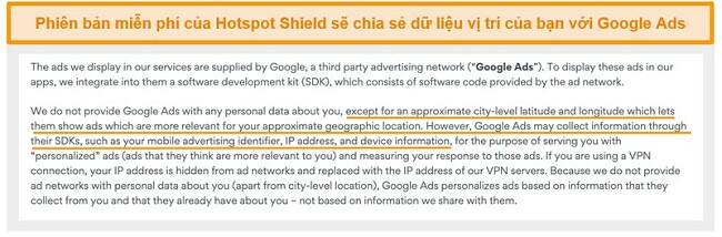Ảnh chụp m&agrave;n h&igrave;nh ch&iacute;nh s&aacute;ch bảo mật của Hotspot Shield tr&ecirc;n Google Ads