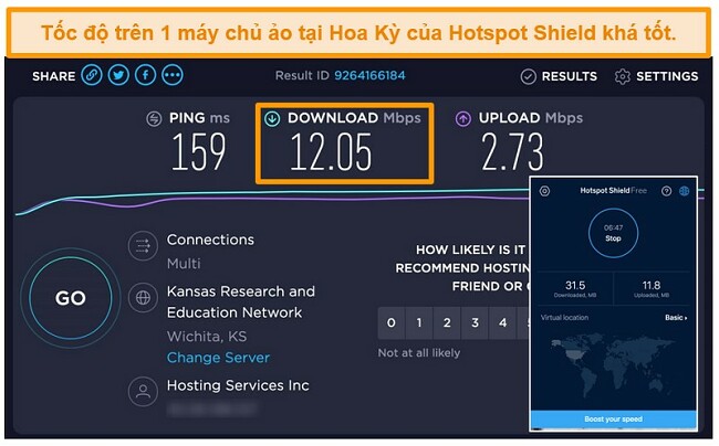 Ảnh chụp m&agrave;n h&igrave;nh phi&ecirc;n bản miễn ph&iacute; của Hotspot Shield tr&ecirc;n m&aacute;y Mac được kết nối với m&aacute;y chủ Hoa Kỳ với kết quả kiểm tra tốc độ