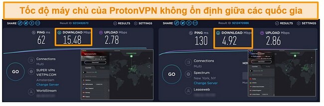 Ảnh chụp m&agrave;n h&igrave;nh kết quả kiểm tra tốc độ cho Windscribe VPN v&agrave; c&aacute;c m&aacute;y chủ của n&oacute; ở Vương quốc Anh, H&agrave; Lan, Hoa Kỳ v&agrave; Hồng K&ocirc;ng