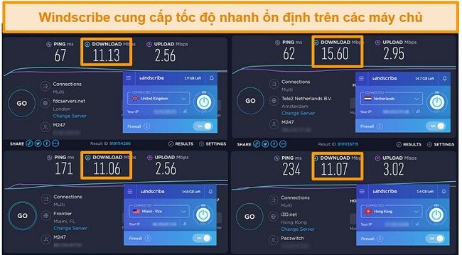 Ảnh chụp m&agrave;n h&igrave;nh kết quả kiểm tra tốc độ cho Windscribe VPN v&agrave; c&aacute;c m&aacute;y chủ của n&oacute; ở Vương quốc Anh, H&agrave; Lan, Hoa Kỳ v&agrave; Hồng K&ocirc;ng
