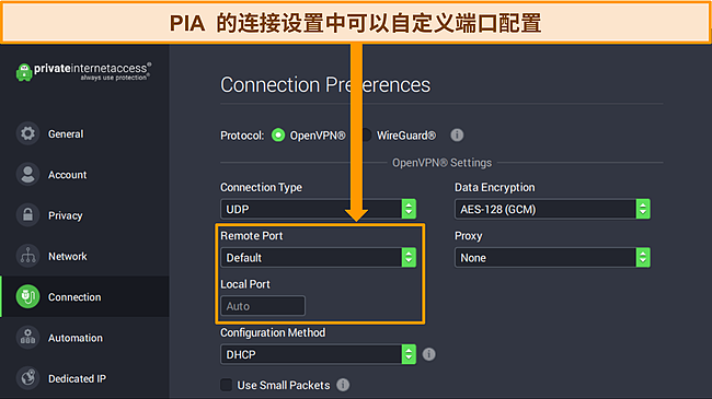PIA Windows 应用程序的屏幕截图,显示连接首选项并突出显示端口自定义选项。
