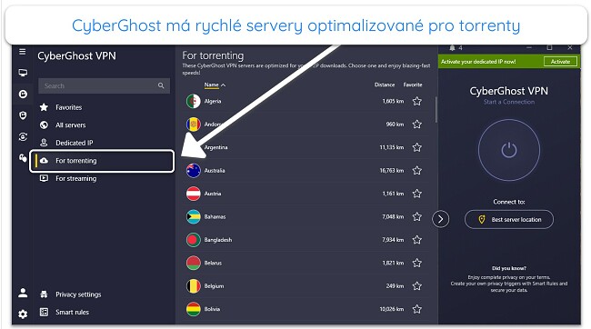 Sn&iacute;mek obrazovky serverů CyberGhost optimalizovan&yacute;ch pro torrent