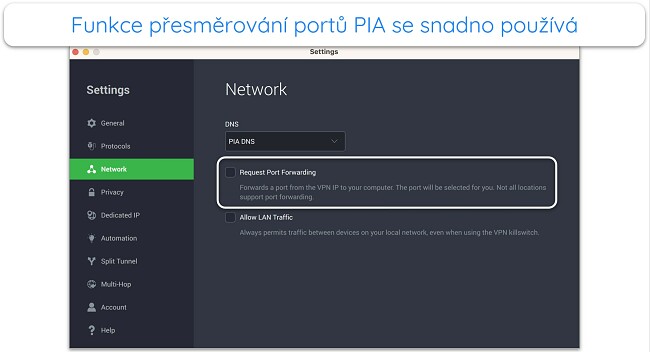 Sn&iacute;mek obrazovky funkce přesměrov&aacute;n&iacute; portů PIA v jej&iacute; aplikaci