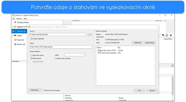 Sn&iacute;mek obrazovky vyskakovac&iacute;ho okna s podrobnostmi o stahov&aacute;n&iacute; na uTorrent