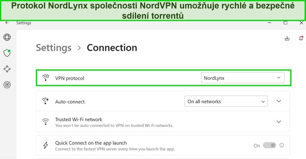 Sn&iacute;mek obrazovky aplikace NordVPN pro Windows zobrazuj&iacute;c&iacute; vybran&yacute; protokol NordLynx