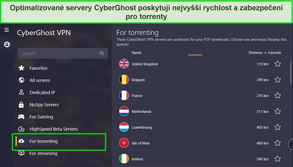 Sn&iacute;mek obrazovky aplikace CyberGhost pro Windows se zv&yacute;razněn&yacute;m seznamem torrentov&yacute;ch serverů.