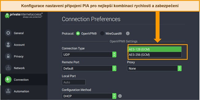 Sn&iacute;mek obrazovky aplikace PIA pro Windows s otevřen&yacute;mi Předvolbami připojen&iacute; a zv&yacute;razněn&yacute;m nastaven&iacute;m &scaron;ifrov&aacute;n&iacute;