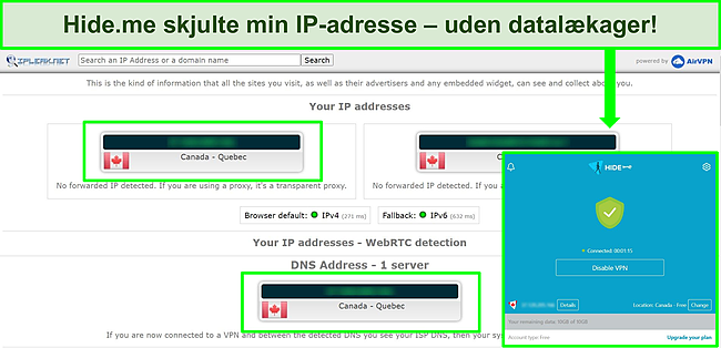Sk&aelig;rmbillede af Hide.me's IP Leak-testresultater, mens de er tilsluttet en server i Canada