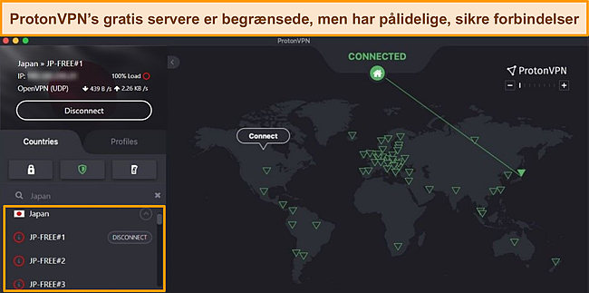 Sk&aelig;rmbillede af Proton VPN forbundet til en gratis server i Japan.