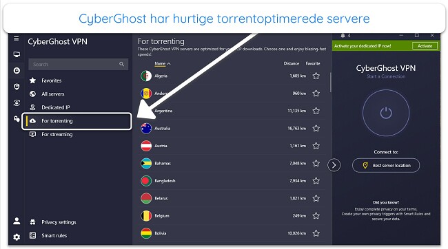 Sk&aelig;rmbillede af CyberGhosts torrent-optimerede servere