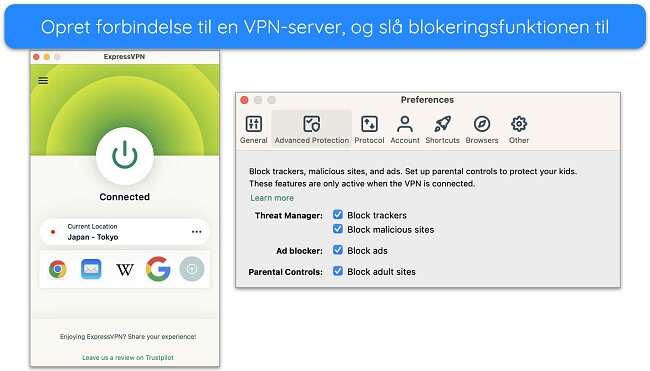 Sk&aelig;rmbillede af ExpressVPN forbundet til en server og dens Advanced Protection-blokeringsmuligheder
