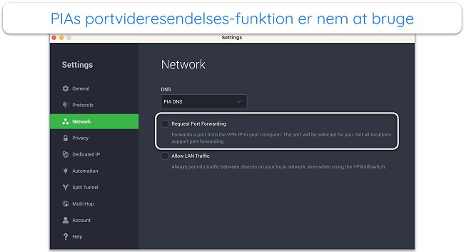 Sk&aelig;rmbillede af PIAs portvideresendelsesfunktion p&aring; sin app