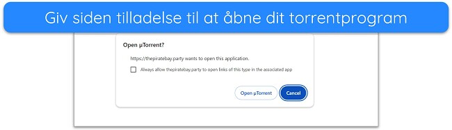 Sk&aelig;rmbillede af meddelelse om at &aring;bne uTorrent-klient