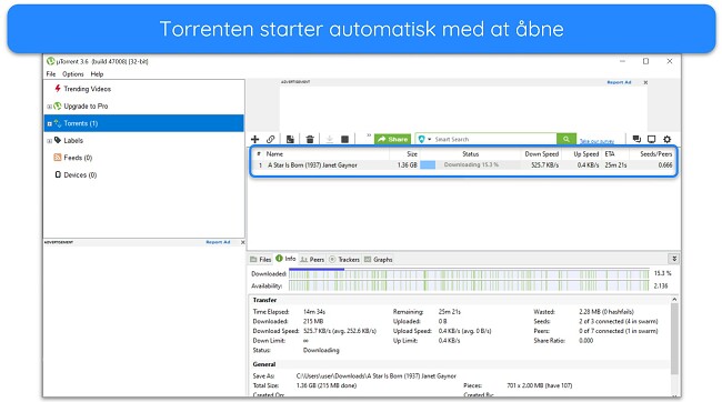 Sk&aelig;rmbillede af 'A Star is Born', der downloades p&aring; uTorrent