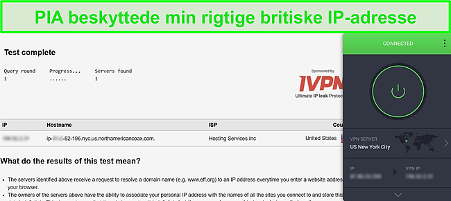 Sk&aelig;rmbillede af PIA forbundet til amerikanske server- og DNS-l&aelig;kagetestresultater, der ikke viser l&aelig;kager