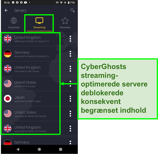 Sk&aelig;rmbillede af CyberGhost's streamingoptimerede servere