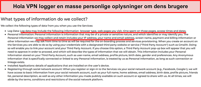 Sk&aelig;rmbillede af Hola VPN-privatlivspolitik, der viser den logger IP-adresse
