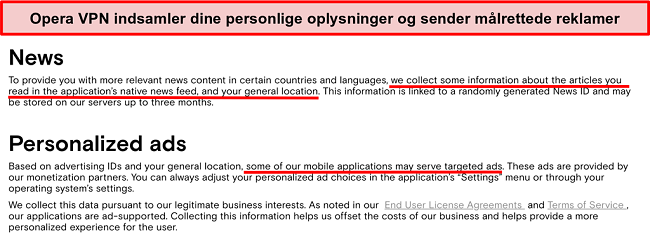 Sk&aelig;rmbillede af Opera VPN's privatlivspolitik, der viser det logger brugernes personlige oplysninger og sender m&aring;lrettede annoncer