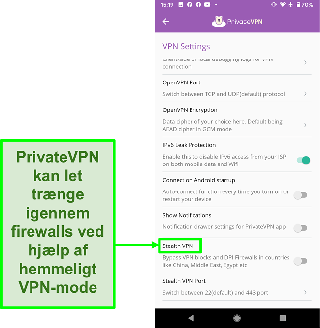 Sk&aelig;rmbillede af PrivateVPN Android-app, der viser Stealth VPN-funktion, der hj&aelig;lper med at omg&aring; VPN-blokke