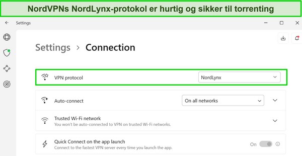 Sk&aelig;rmbillede af NordVPNs Windows-app, der viser NordLynx-protokollen valgt